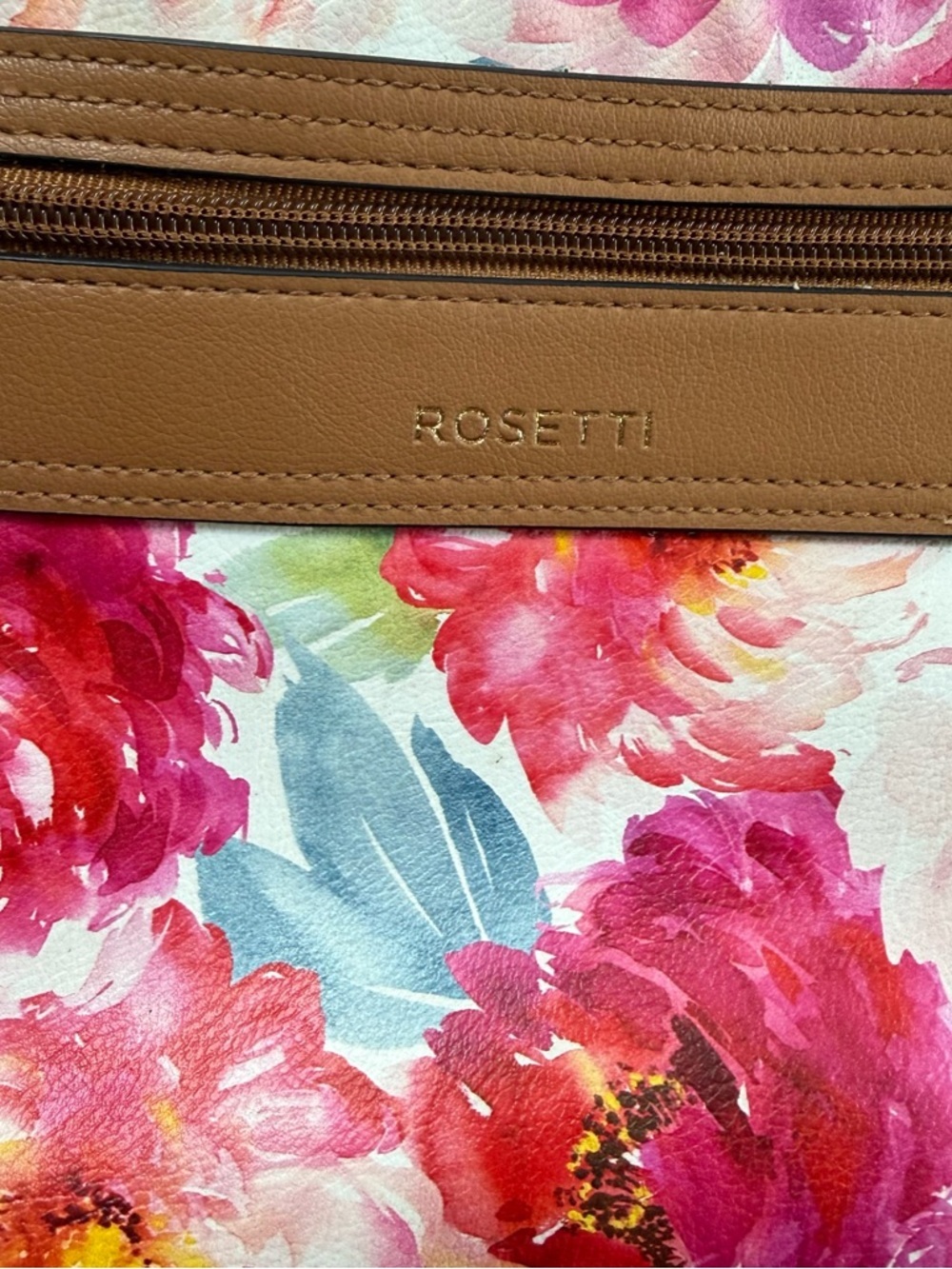 Rosetti Pink Watercolor Floral Crossbody Bag Vegan Leather Trim Romantic Spring - Picture 3 of 9